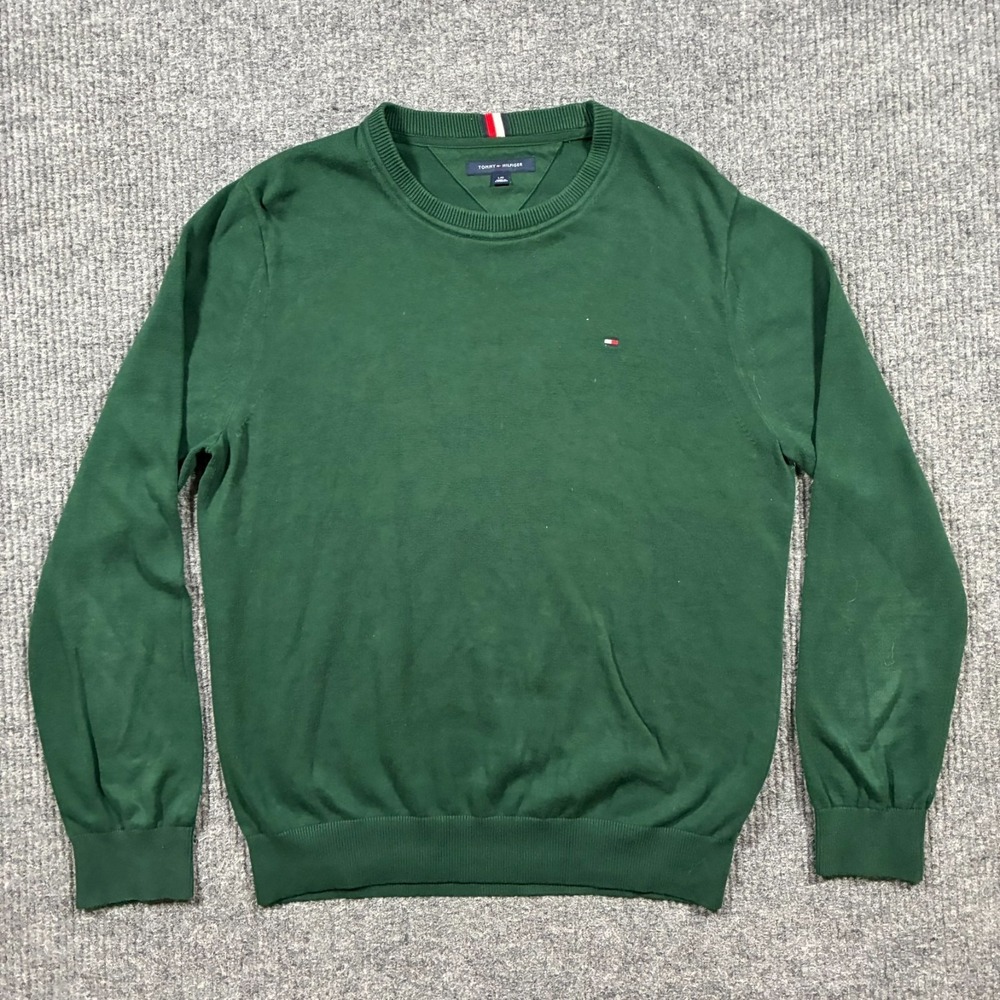 Tommy Hilfiger Mens Sweater Large Green Crewneck Cotton Classic Preppy Knitted